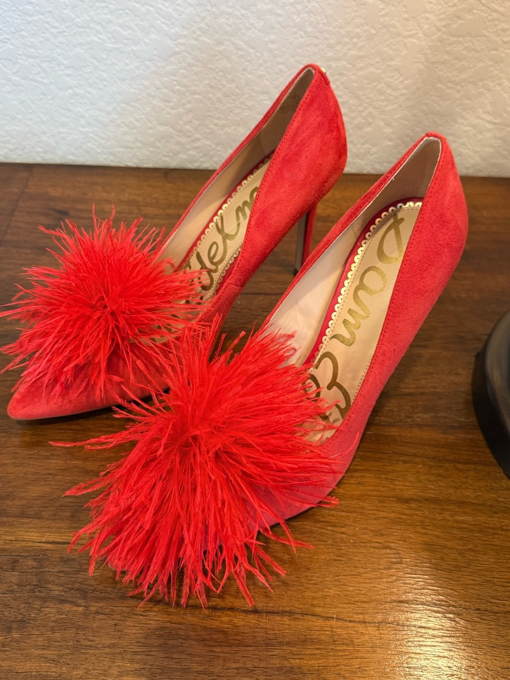 Sam Edelman Red Suede Pointed-Toe Pumps with Feather Pom-Poms